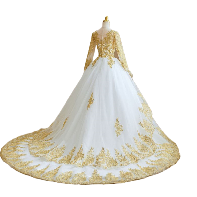 White And Gold A-Line Wedding Dresses Lace Appliques Long Sleeves Princess Bridal Gowns 2024 Arabic Dubai Formal Event Anniversaries Dress Chapel Trai
