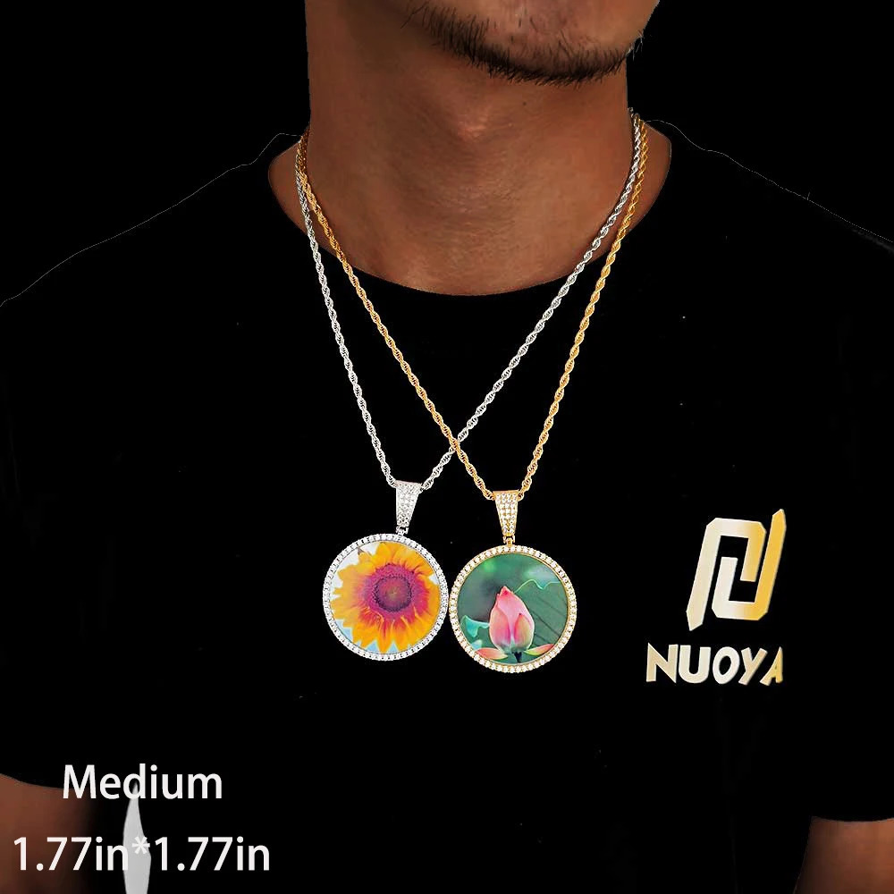 Hip Hop Jewelry Bling CZ Memorial Picture Frames Necklace Personalization Po Custom 26354568.5MM Circle Medallions Pendant 240713