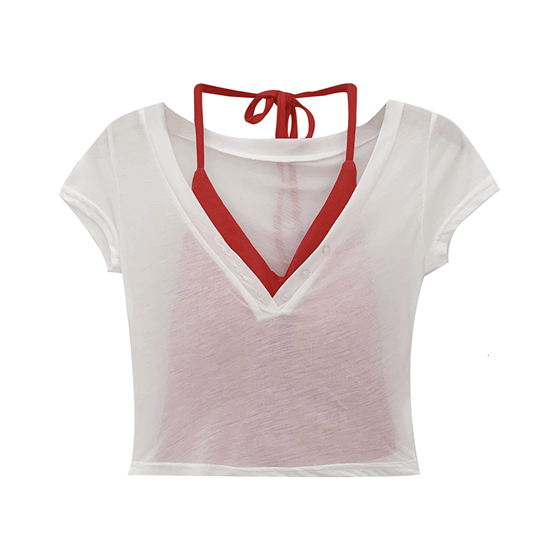 Hot girl hanging neck V tie chest pad vest short sleeved cover T-shirt women's summer new two-piece set