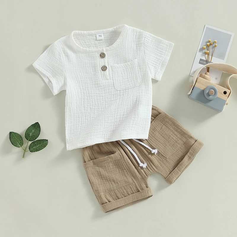 Clothing Sets Toddler Baby Boys Summer 2-piece Outfits Solid Color Short Sleeve T-shirt with Breast Pocket and Casual Elastic Shorts Set