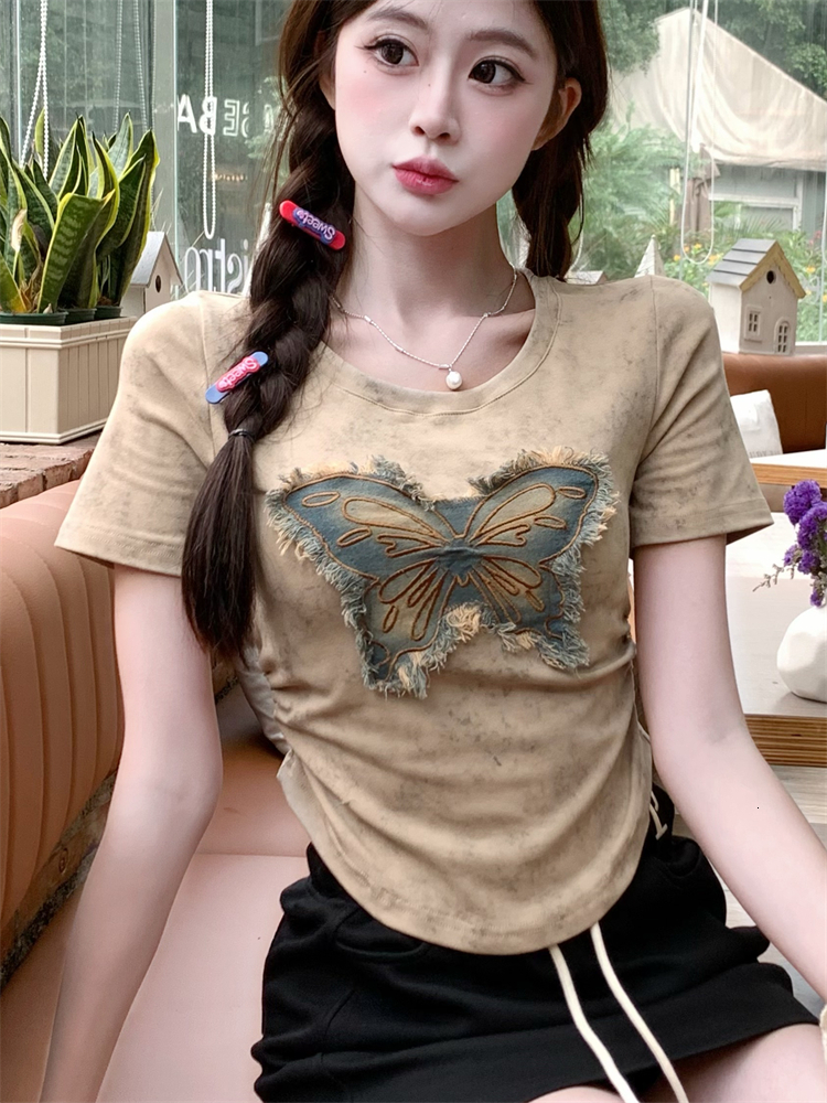 #Large size chubby MM American tie dye T-shirt for women 2024 summer wear with pleated waist and short sleeved design, butterfly top