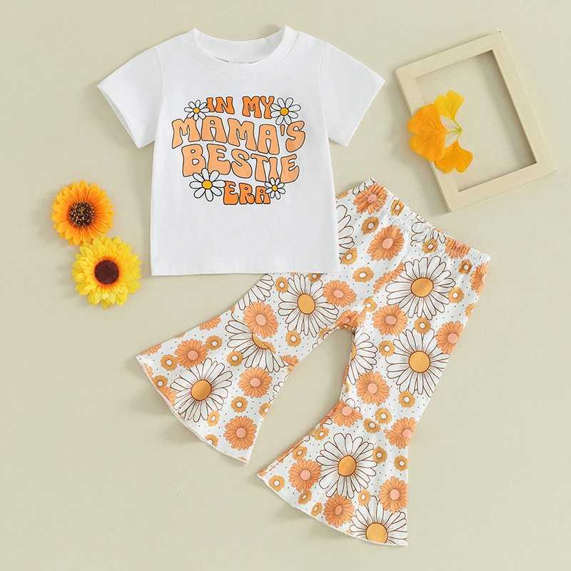 Clothing Sets Toddler Kids Baby Girls Summer Clothes Letter Floral Print Short Sleeve T-shirts+Flare Pants Children Holiday Beach Clothing