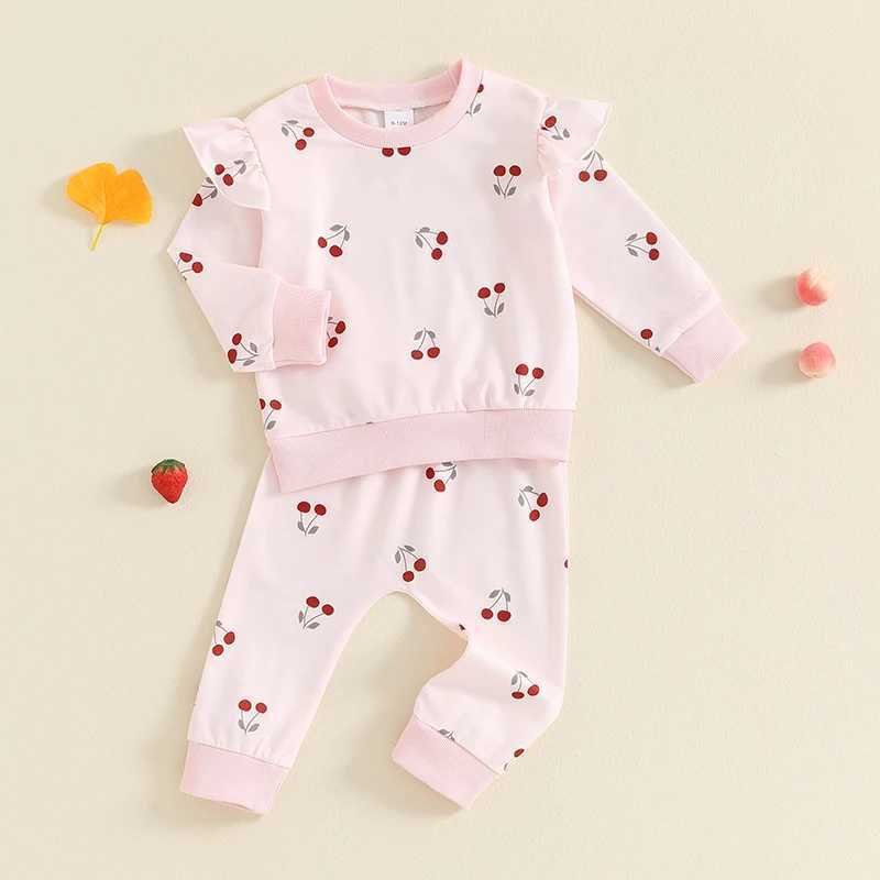 Clothing Sets 2024-05-23 Lioraitiin Baby Girl Fall Outfit Cherry Print Round Neck Long Sleeve Tops Elastic Waist Pants 2 Piece Set