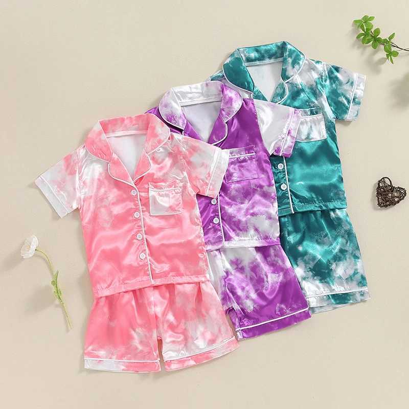 Clothing Sets 2024-04-18 Lioraitiin Kids Girls Summer Pajama Sets Short Sleeve Lapel Tie Dye Print Shirt Shorts Sleepwear Casual Homewear