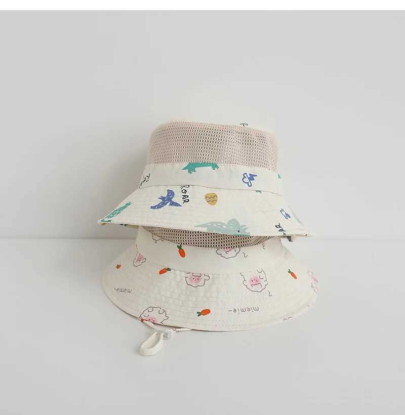 Summer Childrens Sun Hat Cartoon Printed Mesh Bucket Hat Girls Beach Hat Bucket Hat Accessories Childrens Project 3-8 YearsW240715