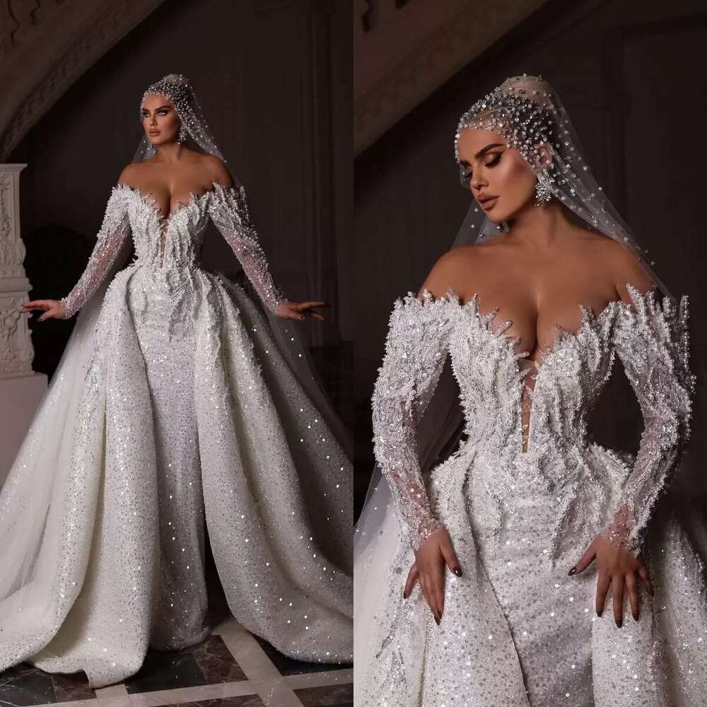 Gorgeous Pearls Mermaid Dresses With Detachable Train Sequined Beaded Bridal Gown special Gowns Vestido De Novia