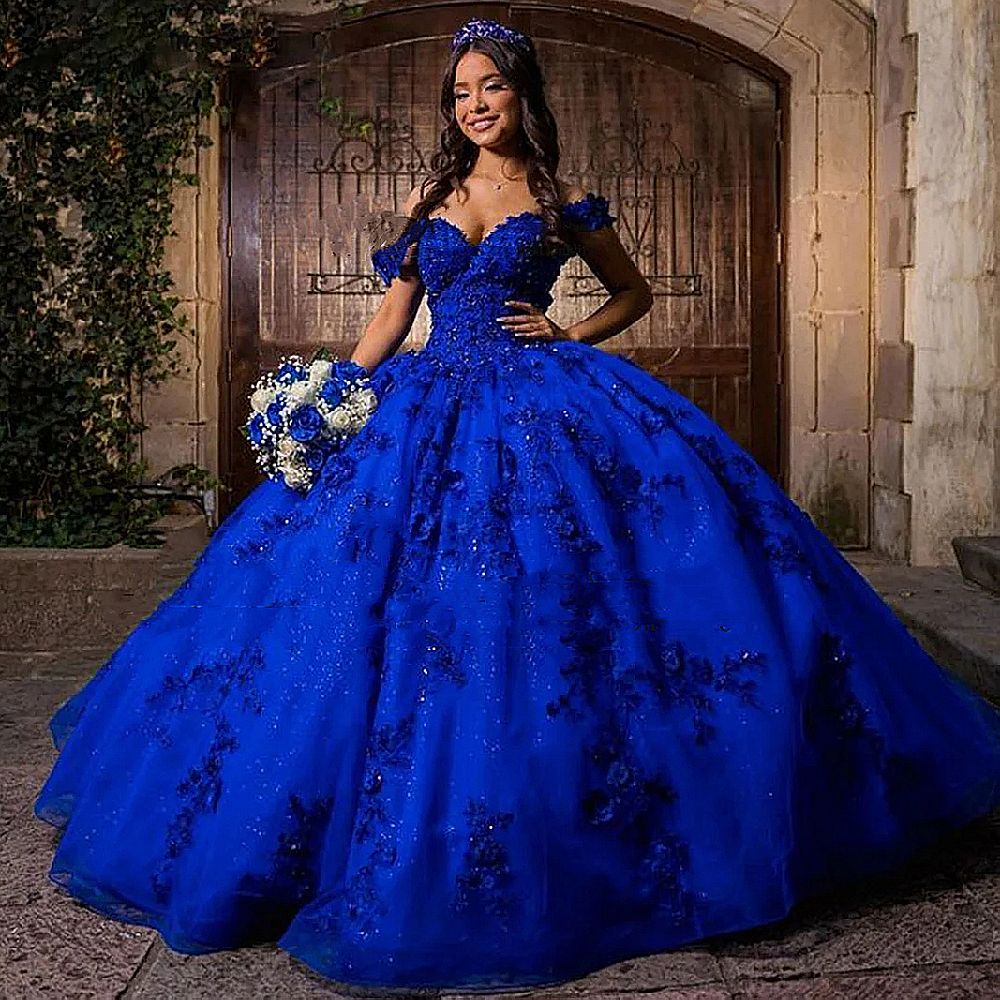 Off Shoulder Blue Quinceanera Dresses With Lace Appliques 3D Floral Ball Gown Princess Birthday Prom Gown Sweet 16 Dress
