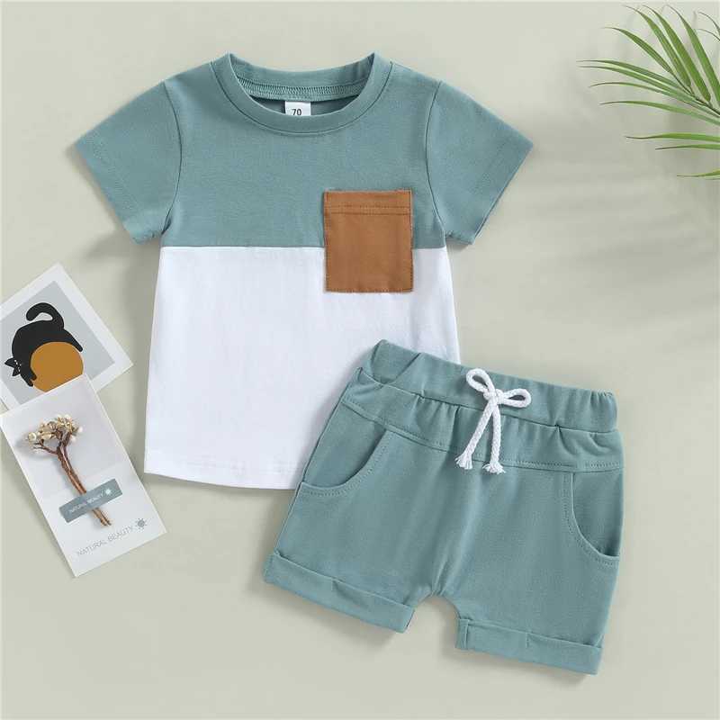 Clothing Sets Toddler Infant Baby Boys Summer Clothing Sets Short Sleeve Contrast Color Tops + Solid Color Drstring Shorts 2pcs Outfit