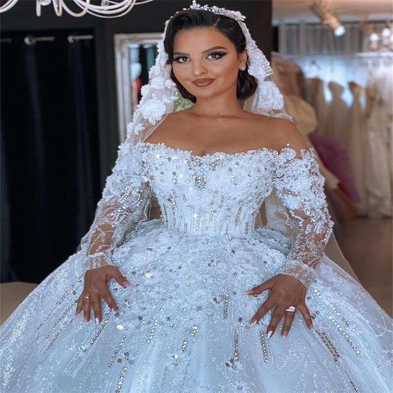 Crystal Ball Gown special Dress Bateau Glitter Dubai Lace Appliques Beads Bridal Gowns Princess Vestido De Novia