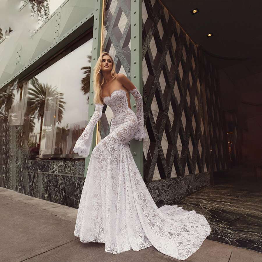 Flare Sweetheart Sleeves Mermaid Lace Weddding Dresses Backless See Through And Zipper Bridal Gowns