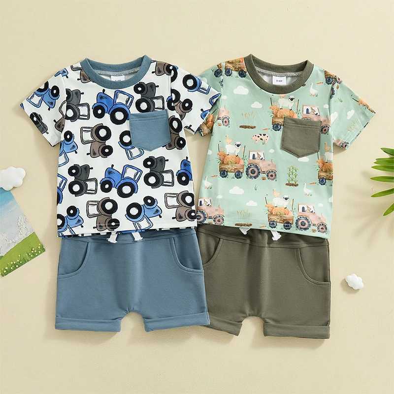 Clothing Sets 2024-03-26 lioraitiin 0-3Y Toddler Boy Summer Outfit Truck Print Short Sleeve Pocket T-Shirt with Solid Color Shorts