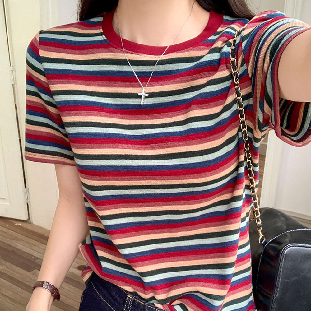 #Colorful striped American style shoulder short half sleeved T-shirt for women in summer, loose top
