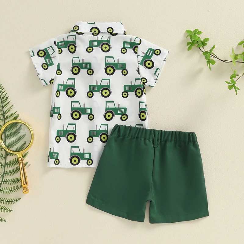 Clothing Sets 2024-05-09 Lioraitiin Little Boys Farm Outfits Tractor Print Short Sleeve Lapel Button Down Shirt with Solid Color Shorts Sets