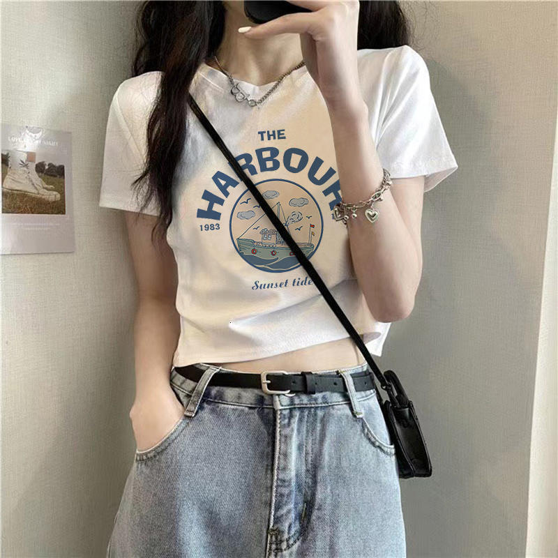 40 pieces of 210g pure cotton sleeved T-shirt, women's BM trendy brand design, Korean version base shirt, printed crop exposed short T-shirt top