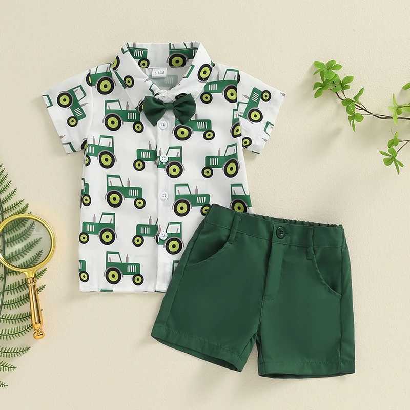 Clothing Sets 2024-05-09 Lioraitiin Little Boys Farm Outfits Tractor Print Short Sleeve Lapel Button Down Shirt with Solid Color Shorts Sets