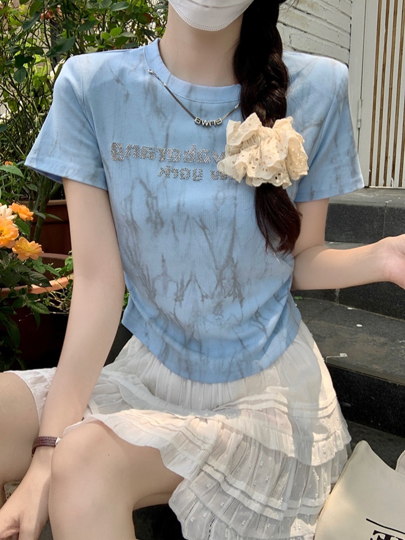 210g threaded short sleeved T-shirt with summer print, front shoulder slim fit, round neck top, Korean version, women's clothing