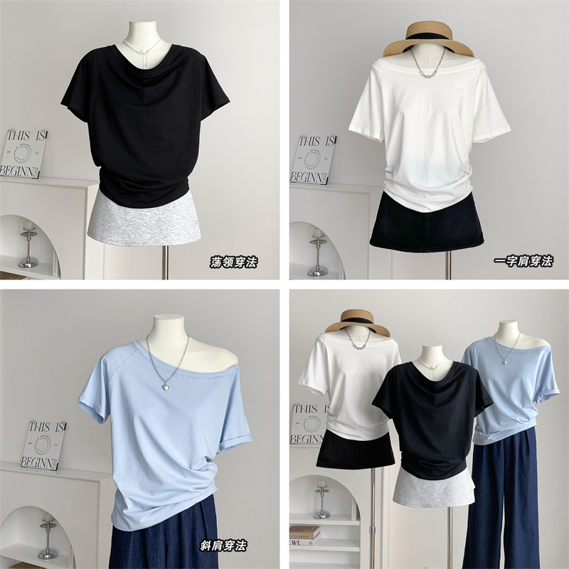 2024 Good morning, Fan Fan. Elastic collar, slanted one shoulder, two loose short sleeved T-shirt, women's summer slimming versatile thin top