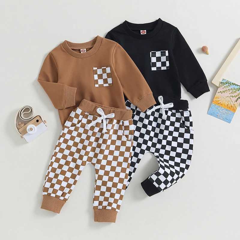 Clothing Sets Lioraitiin 0-3Y Toddler Baby Boys Clothes Sets Long Sleeve Sweatshirt Tops and Checkerboard Print Drstring Pants Tracksuit Set