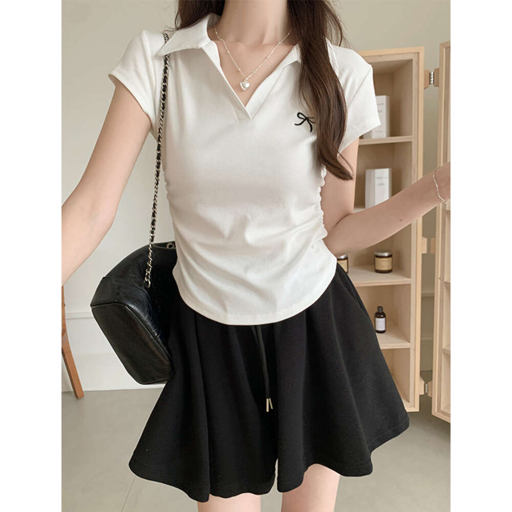 Bow Embroidered Pure Cotton T-shirt for Women Summer POLO Collar, Slim Fit, Wrinkled Irregular Western Style Top