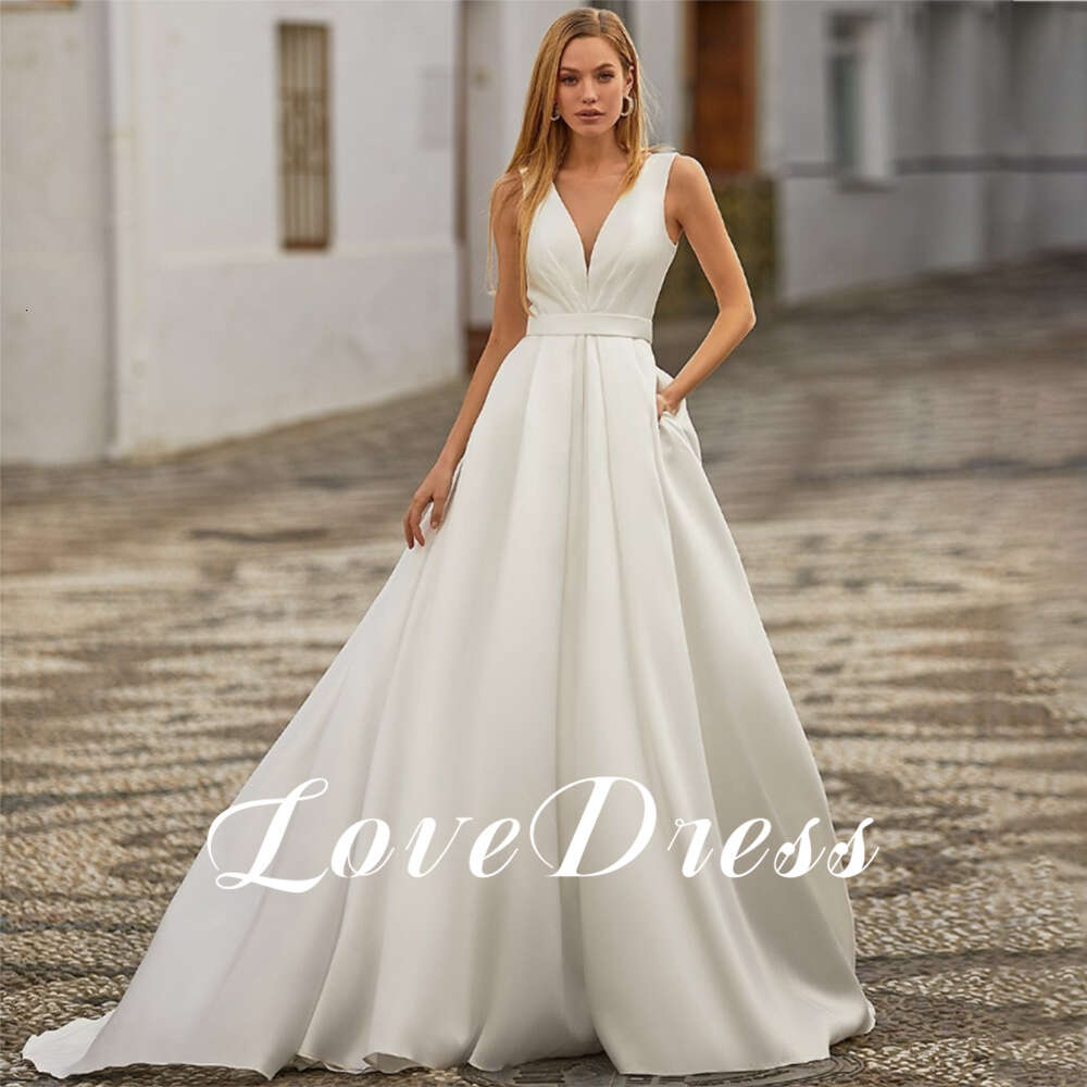 LoveDress Deep V-Neck Sleeveless Wedding Dress For Women Pleats A-e Simple Button Bride Gowns Satin Train Vestido de novia