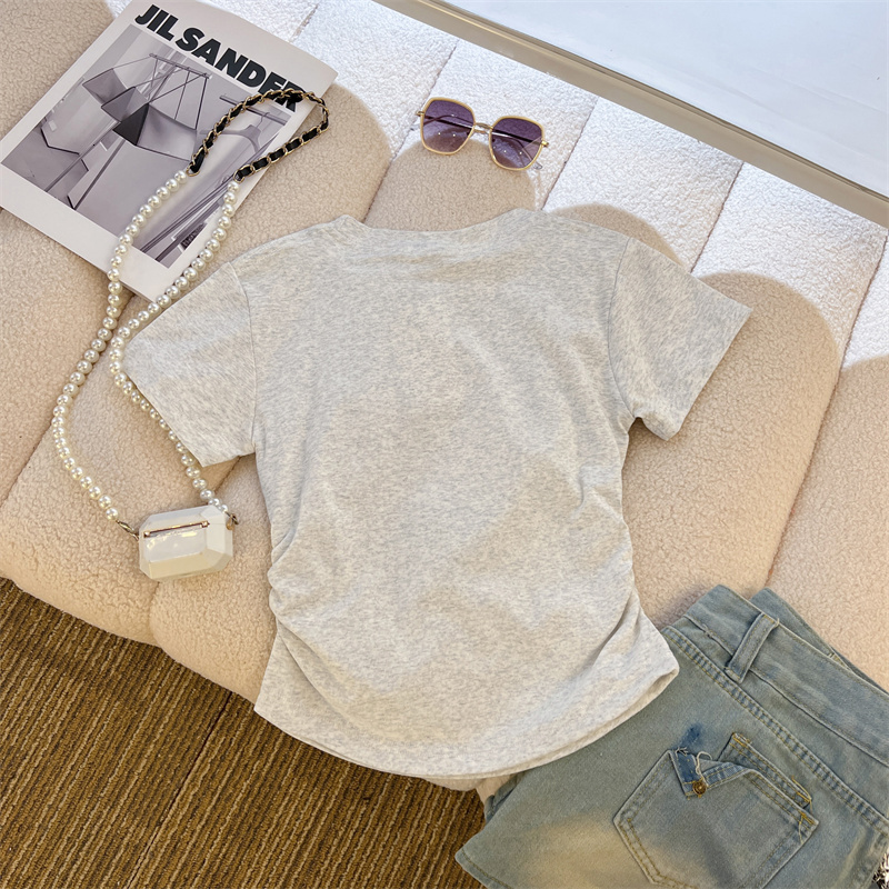 92 cotton/8 spandex 40 count 210g pure cotton color rope bow short sleeved T-shirt for women