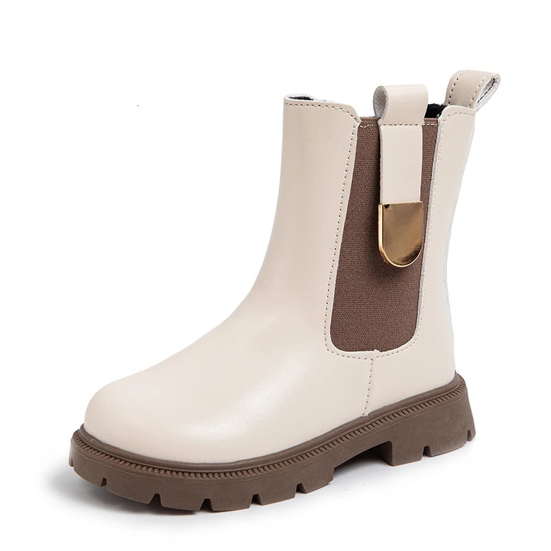 Girls Leather Long Boots Autumn Winter Childrens Rubber Boots Warm Fur Anti-skid Fashion Kids Classic Chelsea Boots Zipper 240711