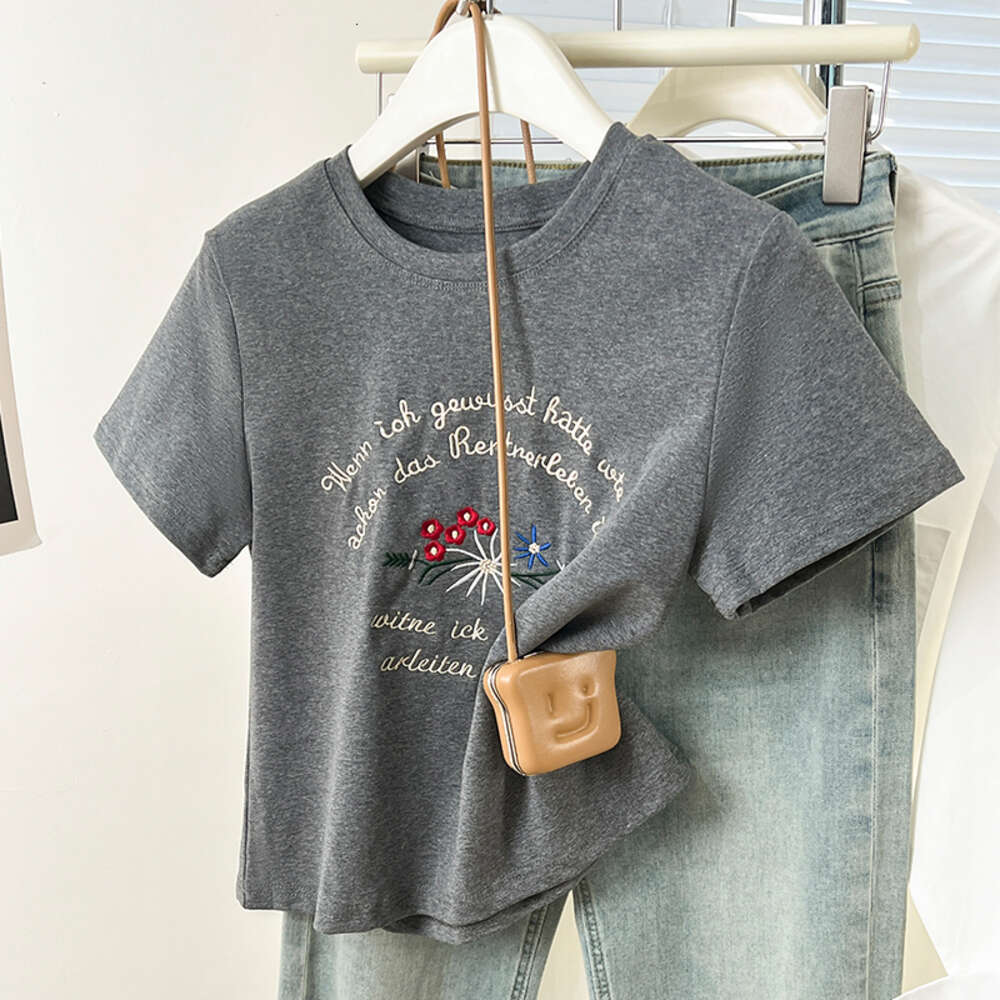 #Grey letter flower embroidery pure cotton shoulder sleeved T-shirt for women's and summer slim fit short top