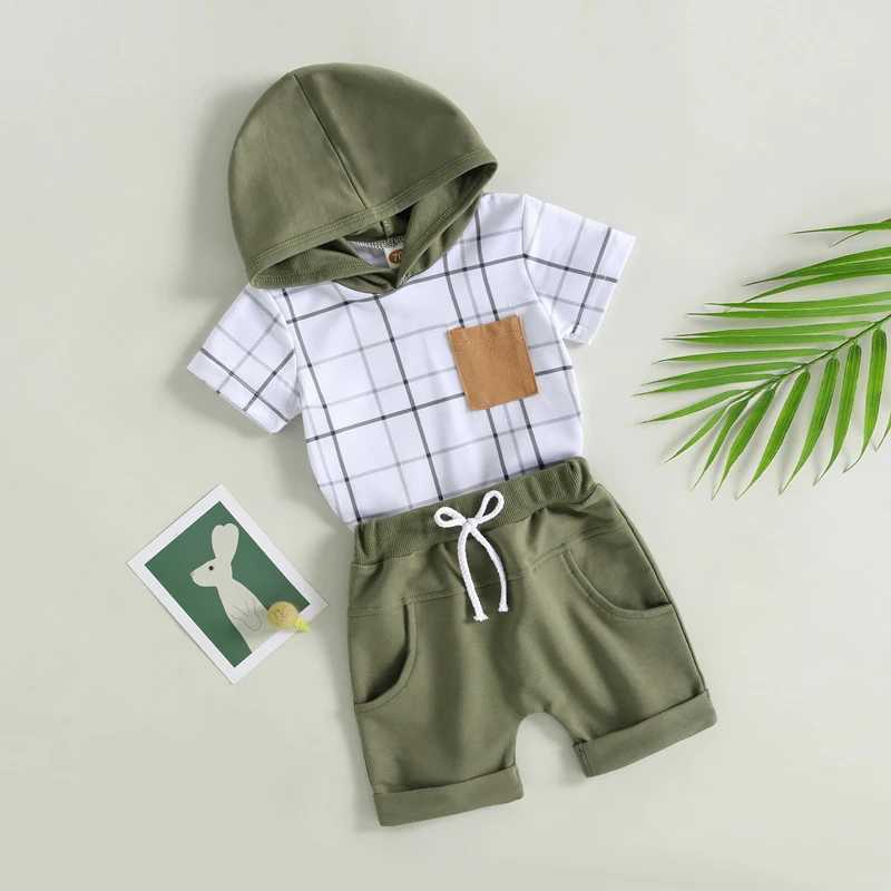 Clothing Sets 2023-03-10 Lioraitiin 0-3Years Toddler Boys 2Pcs Summer Outfits Short Sleeve Plaid Print Hoodie Tie Front Solid Shorts Set