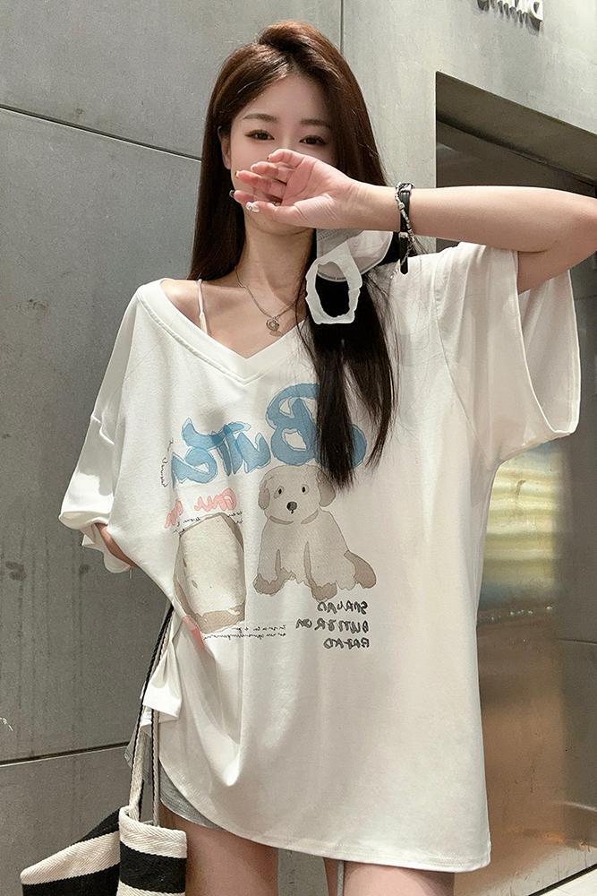 ~~V-neck short T-shirt for women with a niche design, loose fit, oversized off shoulder sleeves, half sleeved top