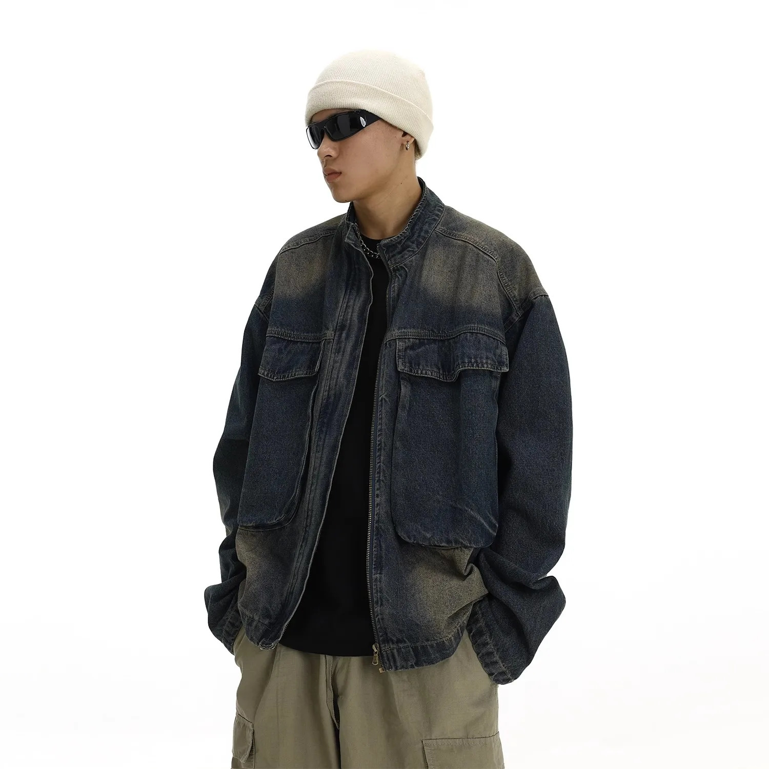 Casual Loose Cargo Denim Jacket Man Woman Hip Hop Retro Wash Cowboy Jackets Spring Autumn Big Pocket Zipper Varsity Outwear 240712