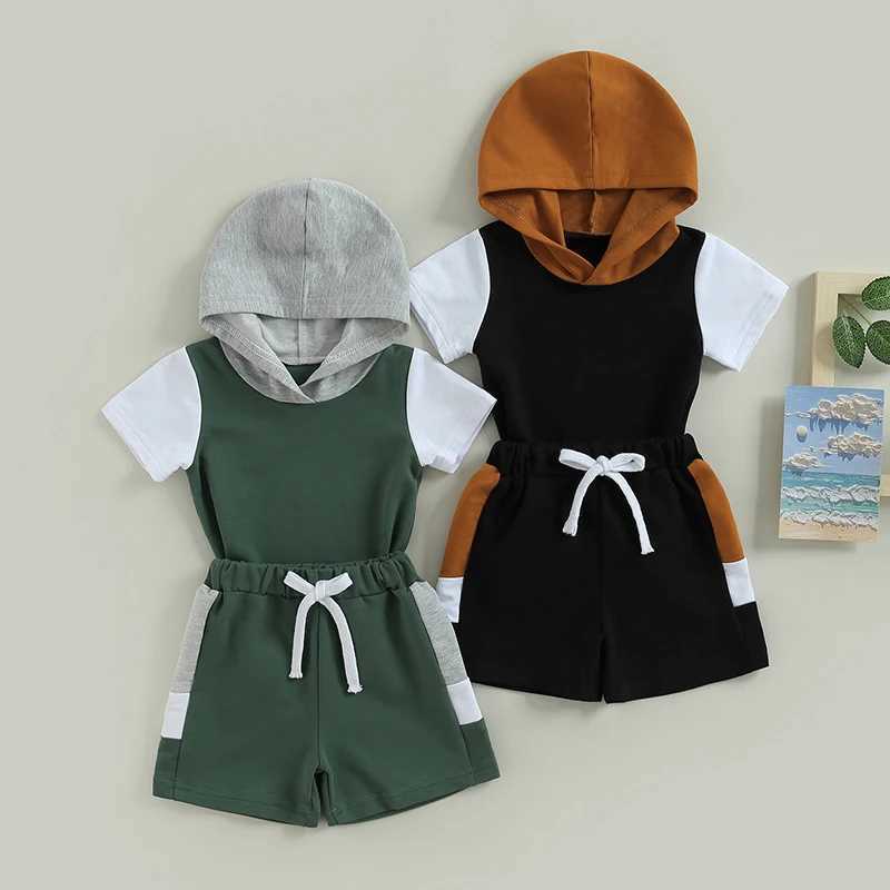 Clothing Sets Toddler Newborn Infant Baby Boys Summer Outfit Clothing Sets Hooded Short Sleeve Tops + Contrast Color Drstring Shorts