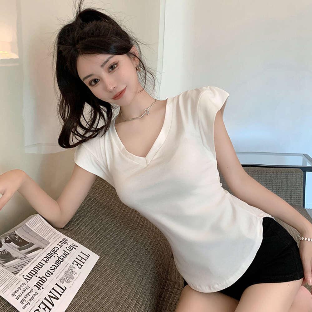 2024 V-neck T-shirt for women, irregular sleeveless vest, mid to long length, slim fit and slimming, spicy girl short sleeved top