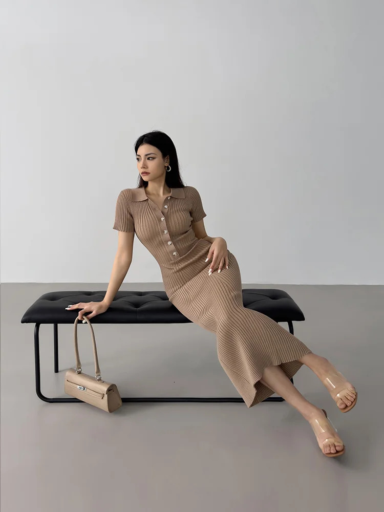 WOMENGAGA Summer Fishtail dress sweater Slim Casual Long Knitted Dress Polo Neck Short Sleeve Single breasted Vertical AE5F 240715