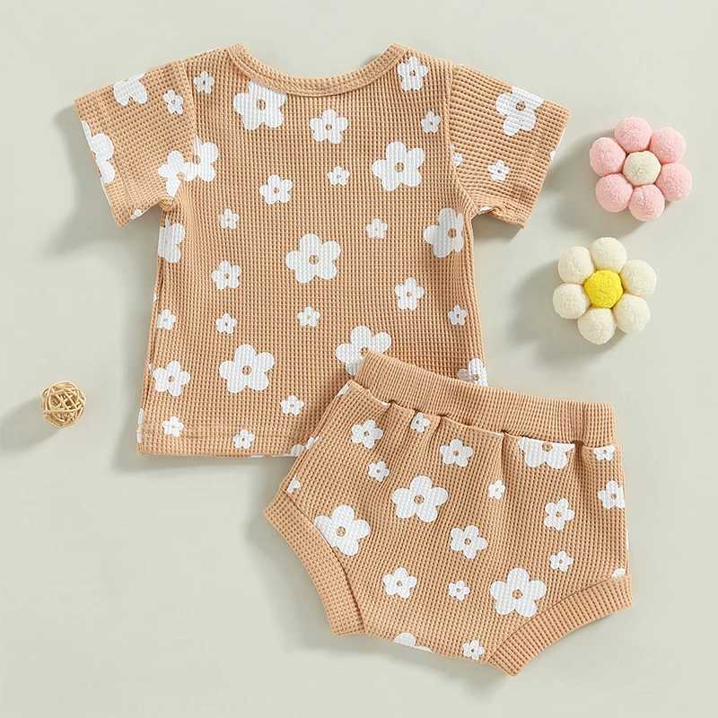 Clothing Sets 2023-02-11 Lioraitiin 0-18M Infant Baby Girl 2Pcs Summer Outfits Short Sleeve Waffle Knit Floral T-shirt Shorts Set