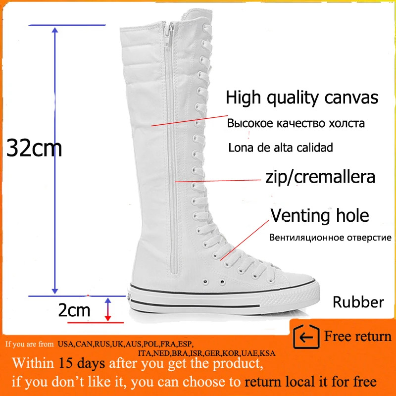 Ryamag New Women's Canvas Long Boots Zip Shoes Flats Platform High Top Lace-Up Zipper Comfortable Vulcanize Sneakers