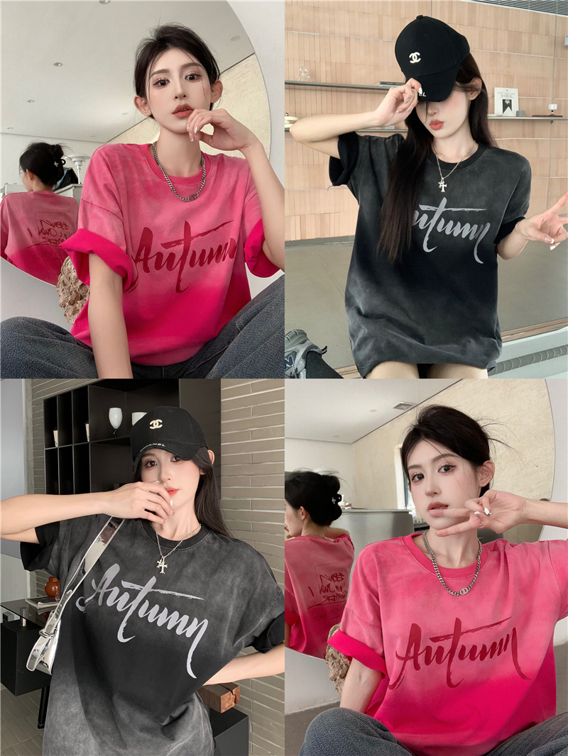 ~Dopamine gradient tie dye distressed loose and versatile short sleeved T-shirt for women's lazy style top