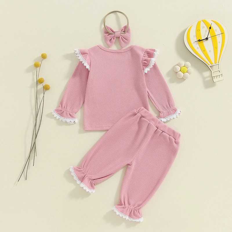Clothing Sets 2024-05-29 Lioraitiin 0-3Y Toddler Girls Waffle Set Lace Trim Long Sleeve Ruffled Tops Elastic Waist Long Pants Hairband Outfits