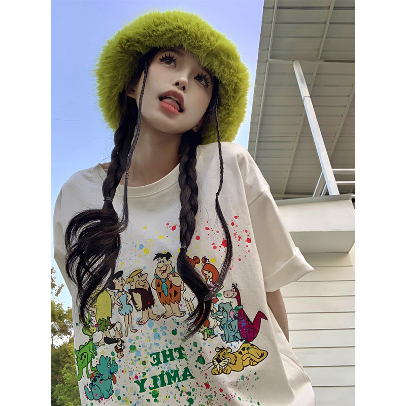 2023 Summer New Cotton Printed Medium to Long Loose Large Short sleeved T-shirt for Women