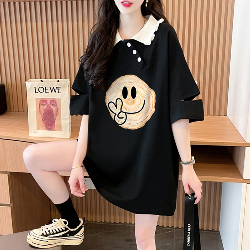 First release of pure cotton short sleeved for women in summer 2024, loose mid to long POLO collar top T-shirt