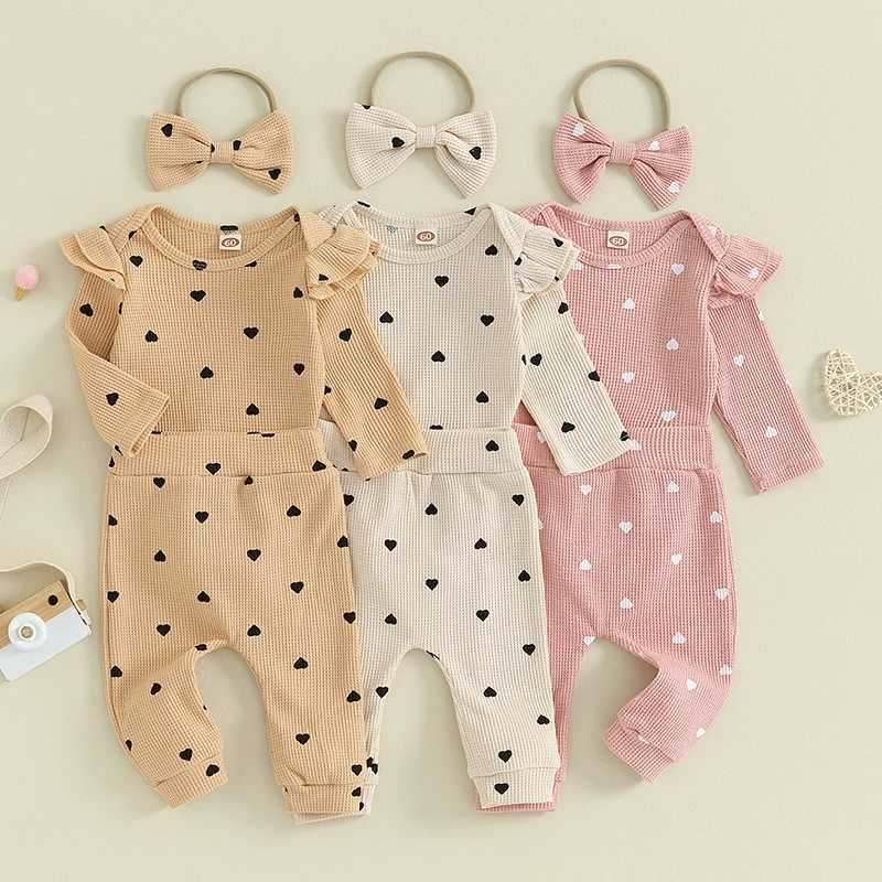 Clothing Sets 2023-09-12 Lioraitiin Infant Baby Girl Clothes Set Waffle Knit Heart Long Sleeve Romper Pants Headband Suit Outfits Fall Clothes