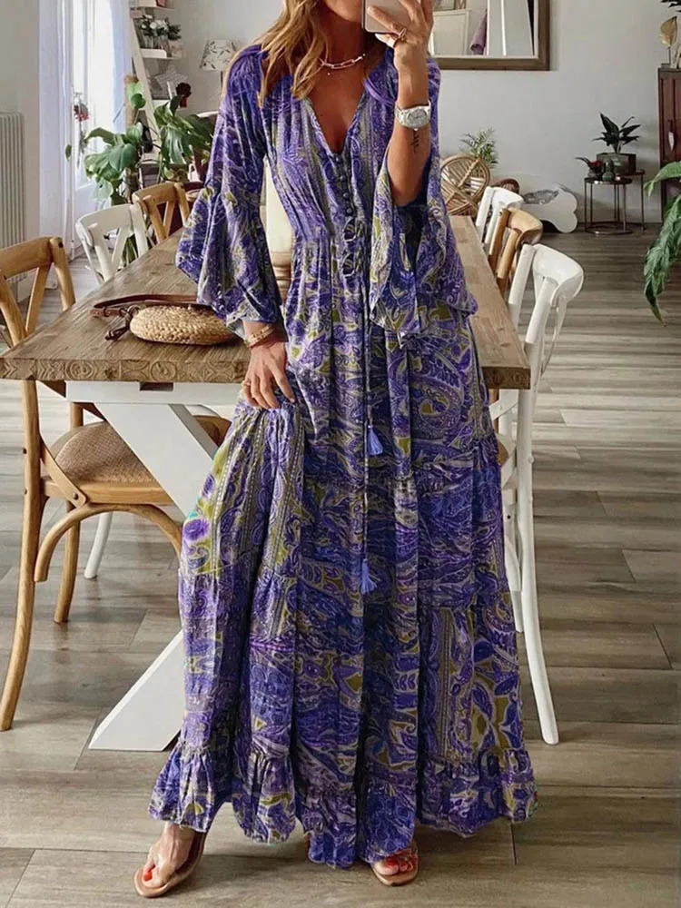 Women Bohemian Beach Maxi Dress Spring Summer Casual V-Neck Long Sleeve Dresses Female Vintage Floral Print Long Dress Vestidos 240710