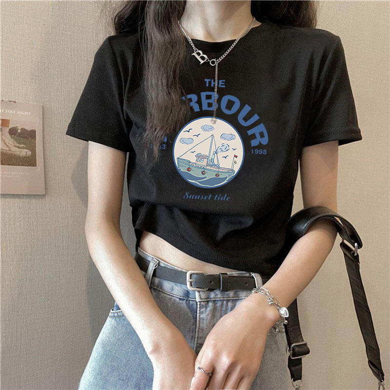 40 pieces of 210g pure cotton sleeved T-shirt, women's BM trendy brand design, Korean version base shirt, printed crop exposed short T-shirt top