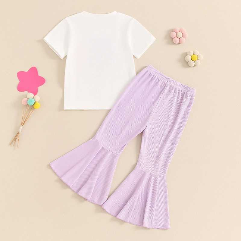 Clothing Sets 2024-04-03 Lioraitiin 3-6Y Toddler Baby Girl 2Pcs Summer Outfits Short Sleeve Letter Embroidery Tops + Flare Pants Set Clothes