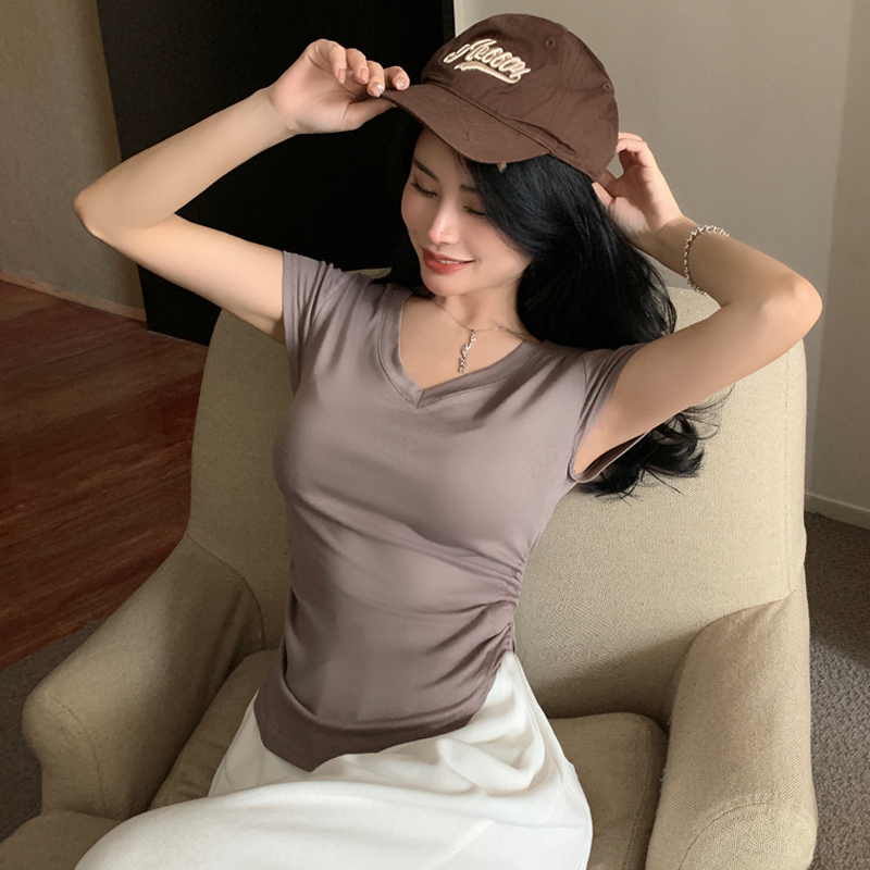 JoyingFeng style Fengshen V-neck sleeved T-shirt for women's summer thin design, pure desire to pair with slim fit short top