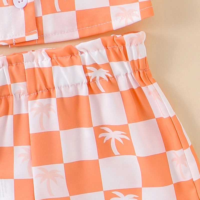 Clothing Sets 2024-05-20 Lioraitiin Kid Girl Boy Summer Outfits Checkerboard Print Short Sleeve Lapel Button Down T-Shirt Elastic Waist Shorts