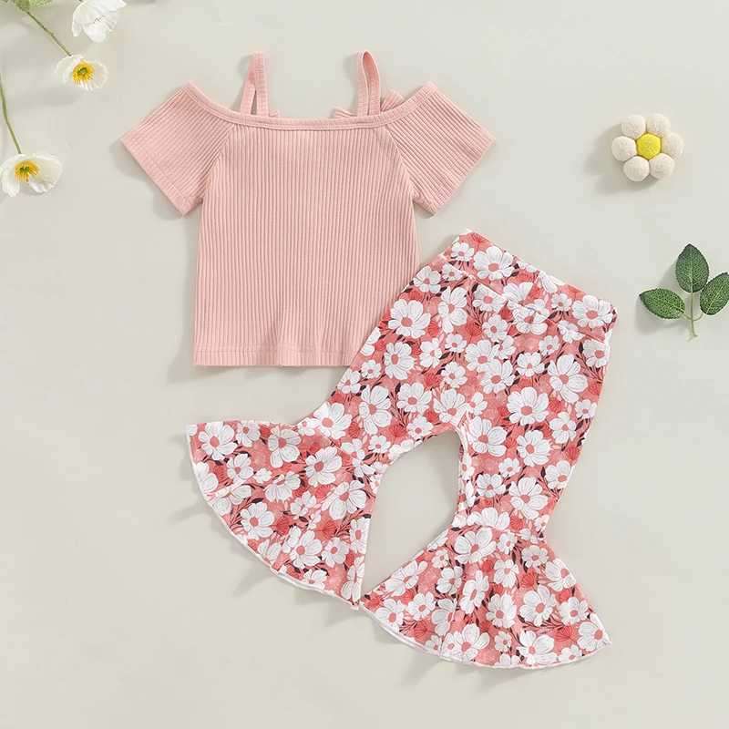 Clothing Sets 2024-05-05 Lioraitiin 1-5Y Kids Girls Pants Set Short Sleeve T-shirt with Flower Print Flare Pants Summer Outfit