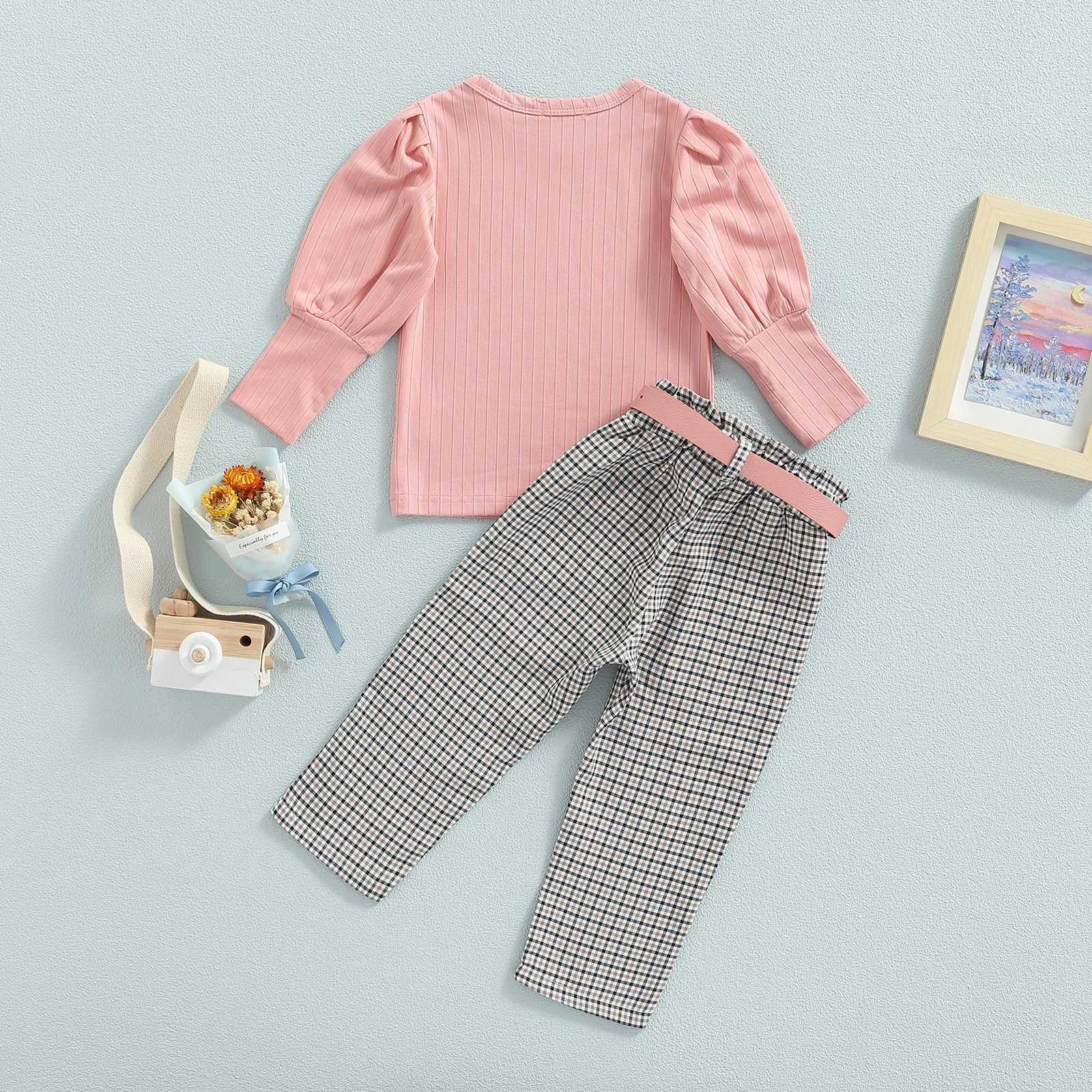Clothing Sets 2022-06-20 Lioraitiin 0-6Years Toddler Girls 3Pcs Outfits Solid Ribbed Round Neck Long Sleeve Tops Plaid Long Pants + Belt Set