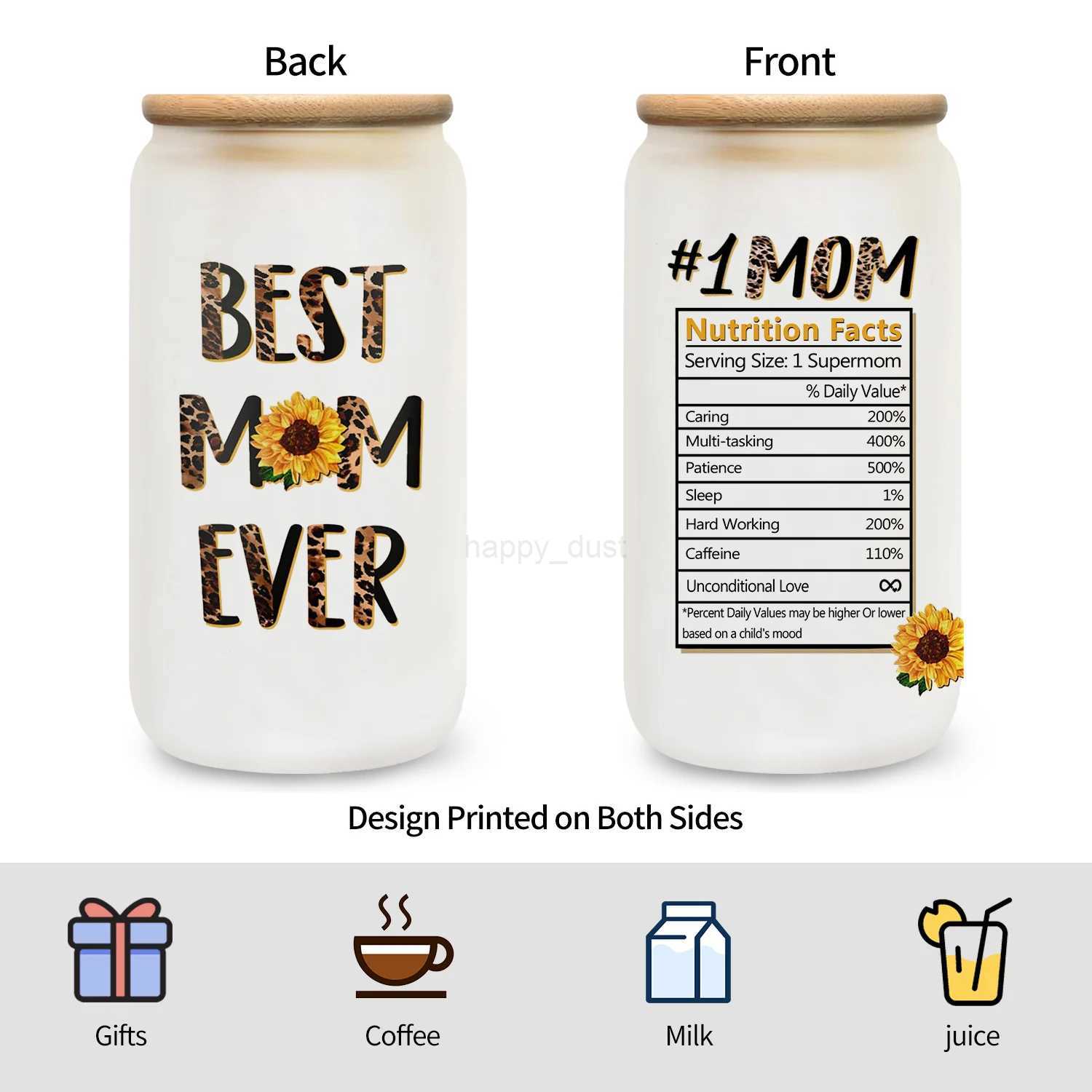 Best Mom Ever Glass Cups 16oz Glass Coffee Cups With Bamboo Lids And Straw Mother Water CupsSummer Winter Drinkware.CL240715