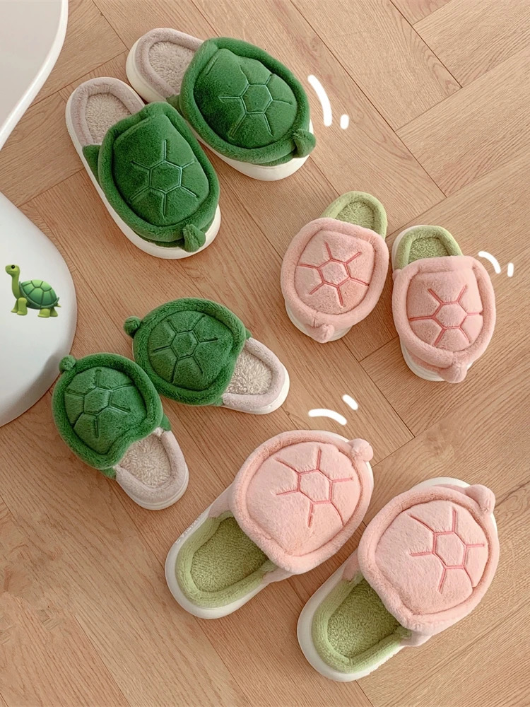 Cute Turtle Warm Plush Home Slippers Man Women Shoes For Parents Children Winter Comfortable Boys Girls Baby Slipper Kids 240713