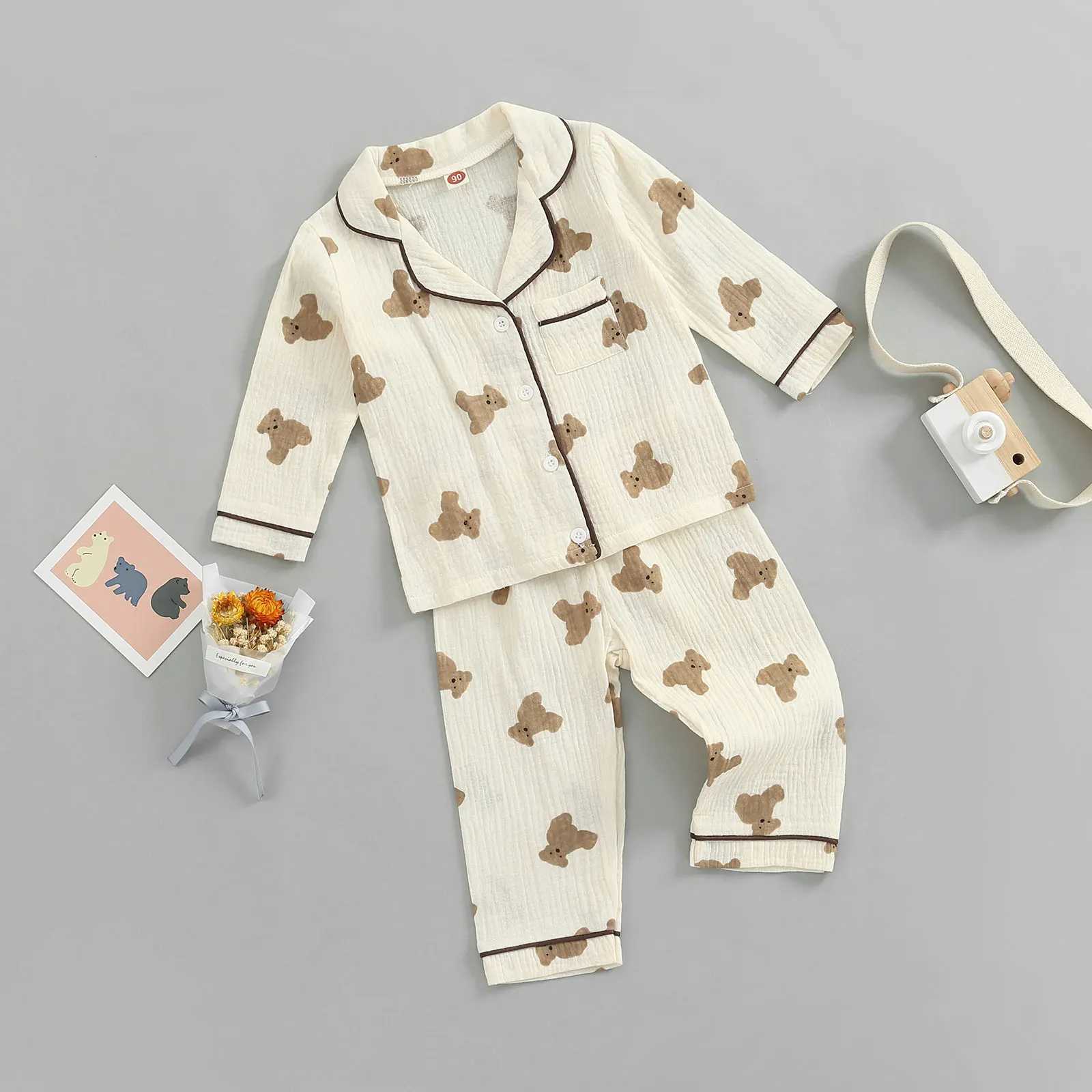 Clothing Sets 2022-07-06 Lioraitiin 0-6Years Kids Unisex Casual Pajama Suit Bear Printed Long Sleeve Front Pocket Lapel Tops Printed Long Pant
